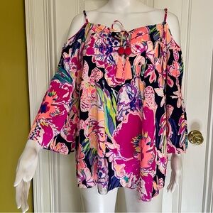 Lilly Pulitzer Women's Alanna Pink and Navy Cold Shoulder Blouse Top Size Small